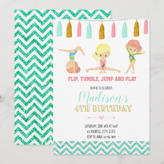 Glitter Gymnastic Invitation Kaart (Voorkant / Achterkant)