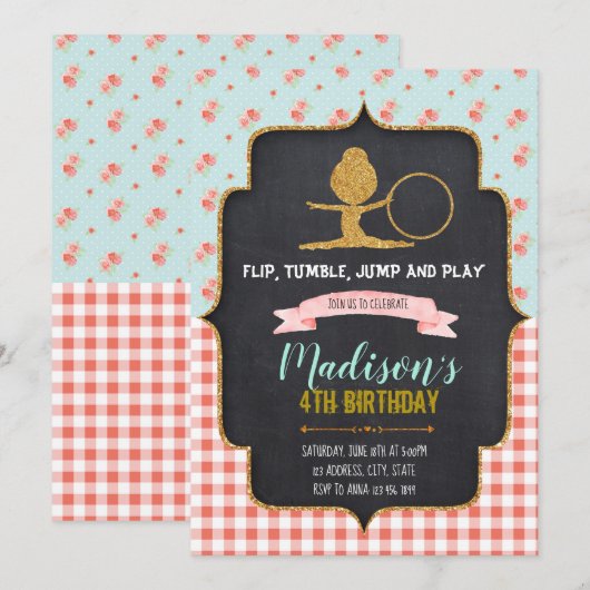 Glitter Gymnastic Invite Kaart (Voorkant / Achterkant)