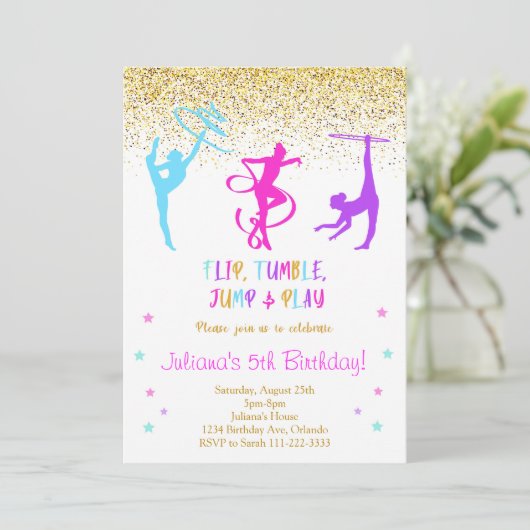 Glitter Gymnastiek Verjaardag Uitnodiging (Staand voorkant)