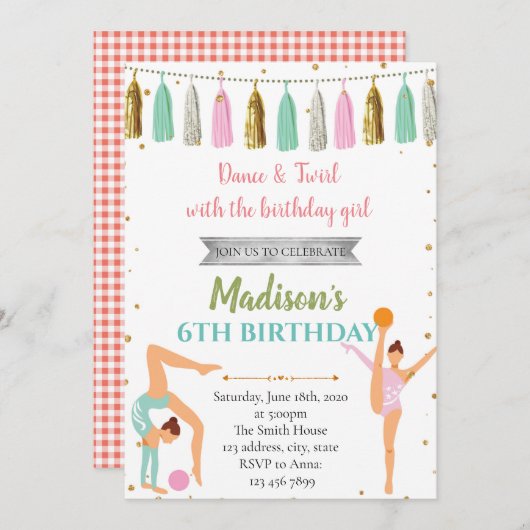 Glitter gymnastiekdansfeest kaart (Voorkant / Achterkant)