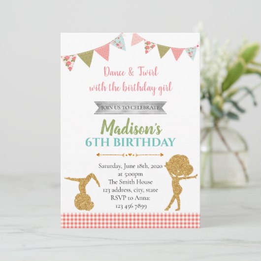 Glitter Gymnastische verjaardagsfeestje uitnodigin Kaart (Staand voorkant)