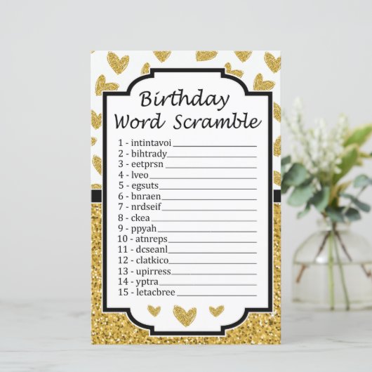 Glitter hart Birthday Word Scramble Game (Staand voorkant)