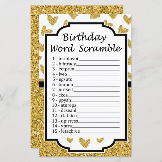 Glitter hart Birthday Word Scramble Game (Voorkant / Achterkant)