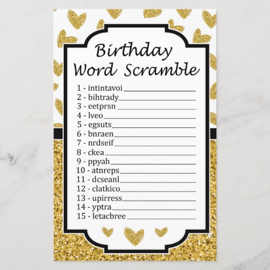 Glitter hart Birthday Word Scramble Game (Voorkant)