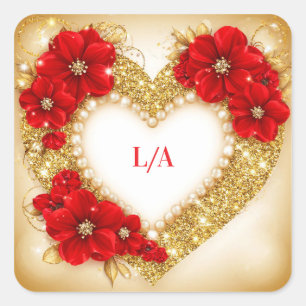 🌸 Glitter Hart Bloemen Romantische Trouwdecoratie Vierkante Sticker