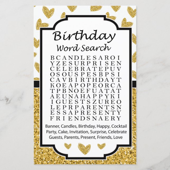 Glitter hartwedstrijd Birthday word search game (Voorkant)
