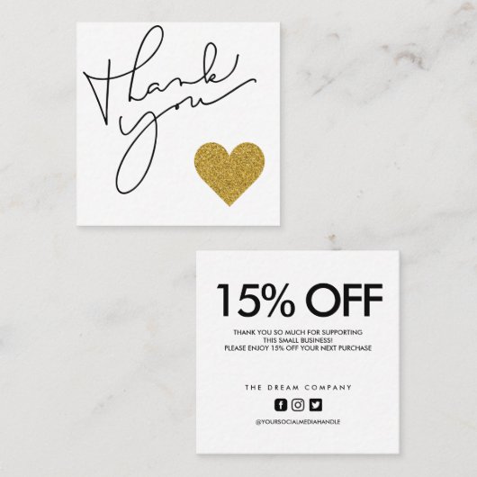 Glitter Heart Calligraphy Korting Dankuwel Vierkante Visitekaartje (Voorkant / Achterkant)