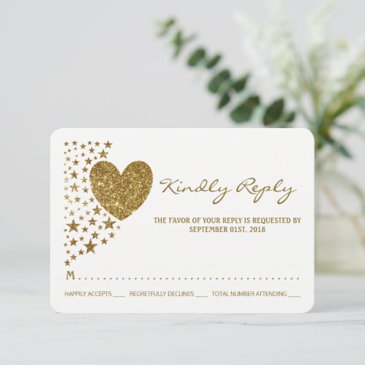 Glitter Heart en Stars Wedding RSVP (Staand voorkant)