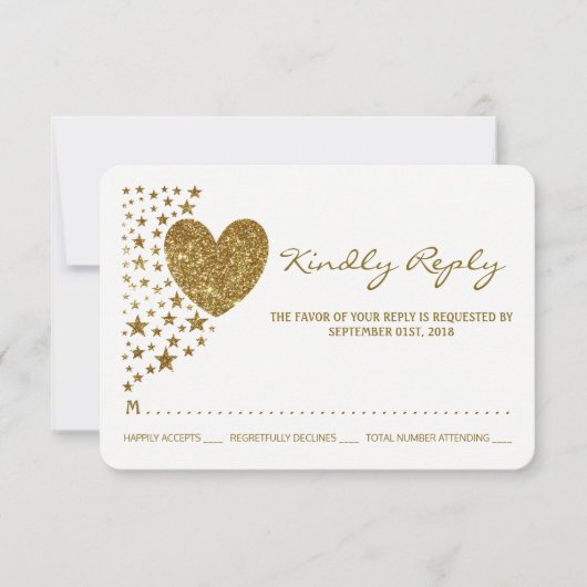Glitter Heart en Stars Wedding RSVP Kaartje (Voorkant)