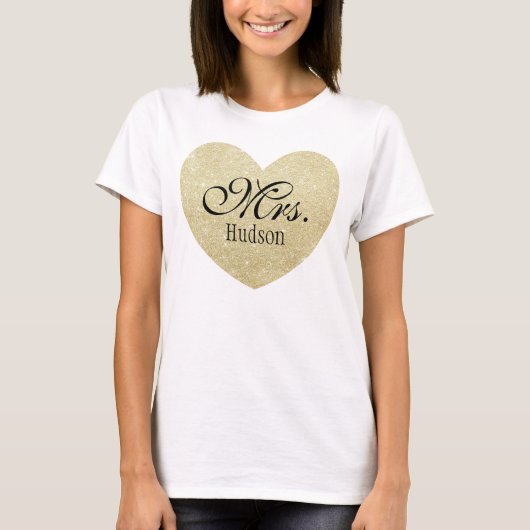 Glitter Heart-Print Gepersonaliseerde Mrs. T-shirt (Voorkant)