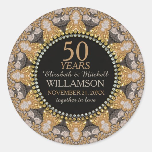 Glitter Hearts Lace Golden Wedding Jubileum Ronde Sticker (Voorkant)