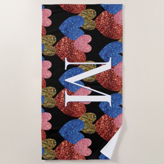 Glitter Hearts Modern Glam Monogram Strandlaken (Voorkant)