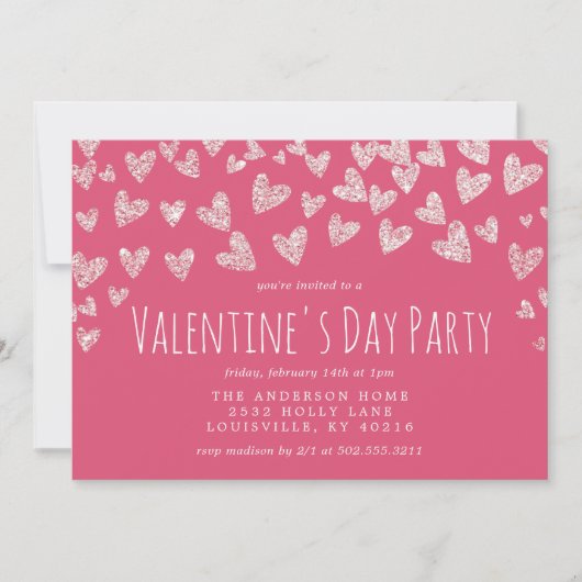Glitter Hearts Pink Valentijnsdag Party Kaart (Voorkant)