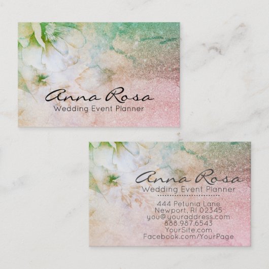 *~* Glitter Hemelse Waterverf Bloemen Turkoois Visitekaartje (Voorkant / Achterkant)