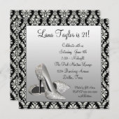Glitter High Heels Black Damask Verjaardagsfeestje Kaart (Voorkant / Achterkant)