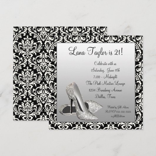 Glitter High Heels Black Damask Verjaardagsfeestje Kaart (Voorkant / Achterkant)