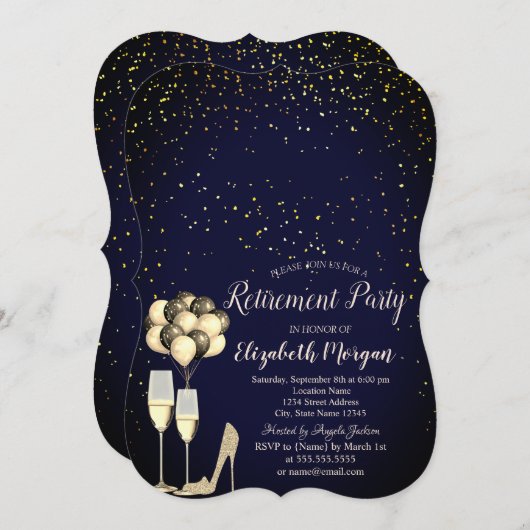 Glitter High Heels, Confetti Blue Retirement Party Kaart (Voorkant / Achterkant)