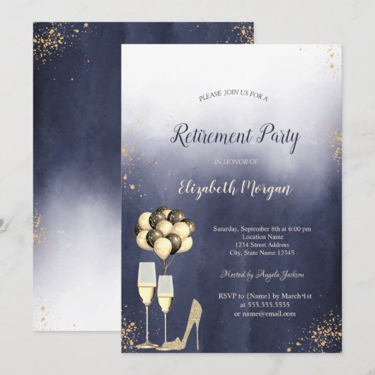 Glitter High Heels, Ombre Blue Retirement Party Kaart (Voorkant / Achterkant)