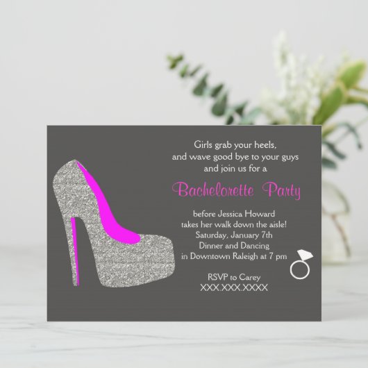 Glitter High Hiel Bachelorette Party Uitnodiging (Staand voorkant)