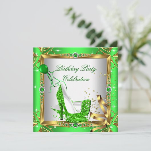 Glitter High Hiel Shoes Lime Green Gold Party Kaart (Staand voorkant)