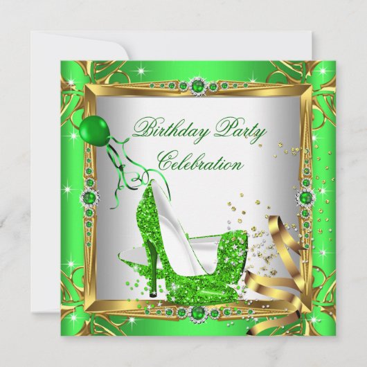 Glitter High Hiel Shoes Lime Green Gold Party Kaart (Voorkant)