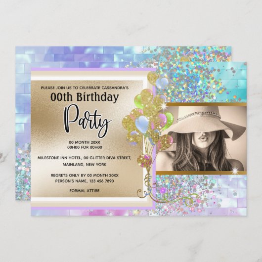 Glitter holografisch roze goud confetti meiden kaart (Voorkant / Achterkant)