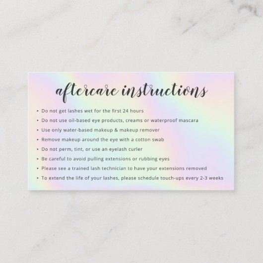 Glitter holografische wimpernazorg instructies visitekaartje (Achterkant)