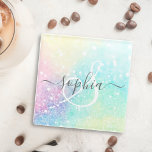 Glitter Holographic Iridescent Girly Glazen Onderzetter<br><div class="desc">Een trendy  chic bokeh glitter achtergrond in prachtige pastelkleuren. U kunt uw eigen monogram en/of naam eenvoudig aanpassen.</div>