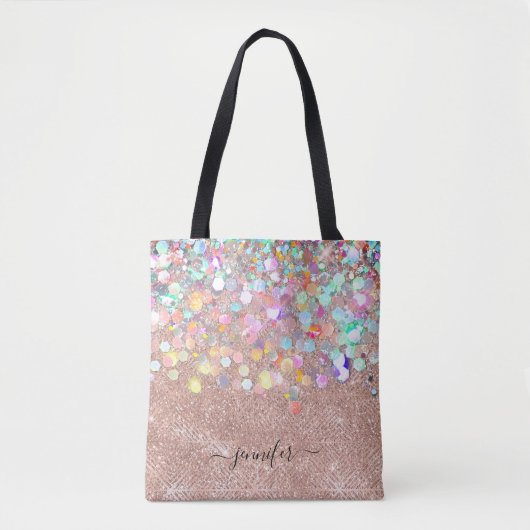 Glitter Holographic Roos Gold Monogramed Script Tote Bag (Voorkant)