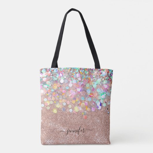 Glitter Holographic Roos Gold Monogramed Script Tote Bag (Achterkant)