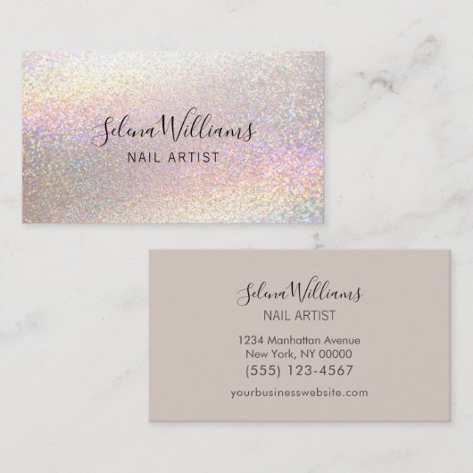 Glitter Holographic Sparkle Minimalist Script Visitekaartje (Voorkant / Achterkant)