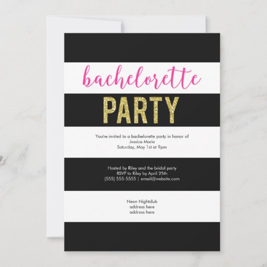 Glitter Hot Pink Black Stripes Bachelorette Party Kaart (Voorkant)