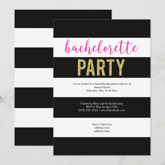 Glitter Hot Pink Black Stripes Bachelorette Party Kaart (Voorkant / Achterkant)