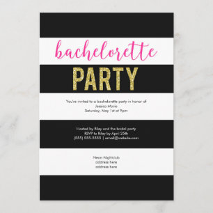 Glitter Hot Pink Black Stripes Bachelorette Party Kaart