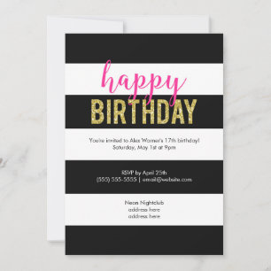 Glitter Hot Pink Black Stripes Birthday Party Kaart