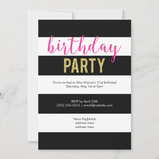 Glitter Hot Pink Black Stripes Birthday Party Kaart (Voorkant)