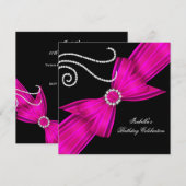 Glitter Hot Pink Diamond Bow Black Birthday Party Kaart (Voorkant / Achterkant)