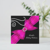 Glitter Hot Pink Diamond Bow Black Birthday Party Kaart (Staand voorkant)