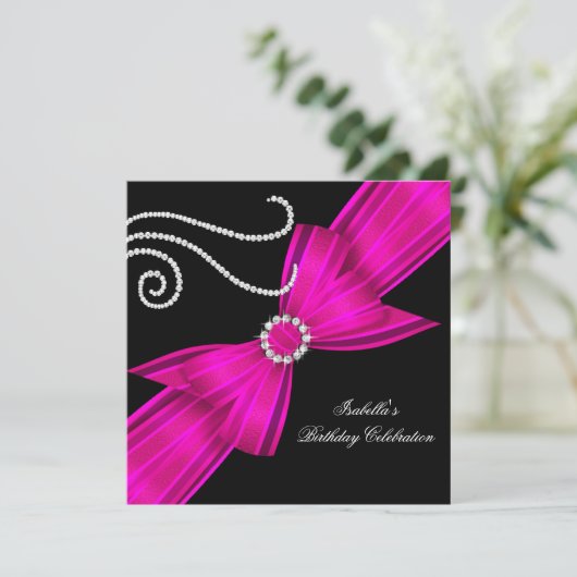 Glitter Hot Pink Diamond Bow Black Birthday Party Kaart (Staand voorkant)