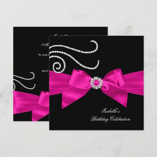 Glitter Hot Pink Diamond Bow Black Birthday Party Kaart (Voorkant / Achterkant)
