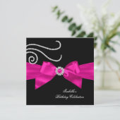 Glitter Hot Pink Diamond Bow Black Birthday Party Kaart (Staand voorkant)