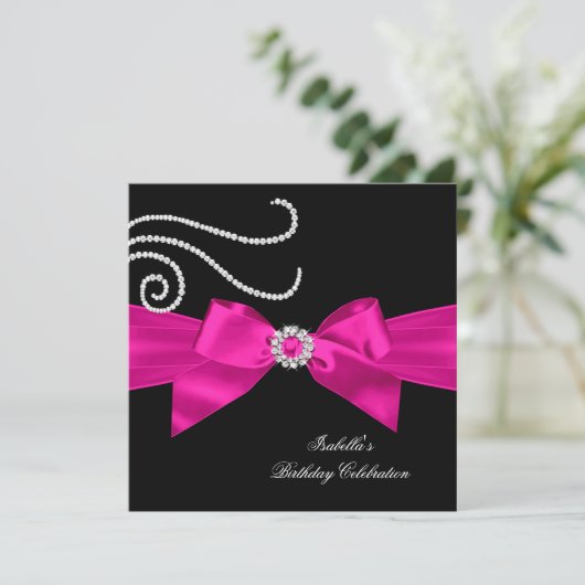 Glitter Hot Pink Diamond Bow Black Birthday Party Kaart (Staand voorkant)