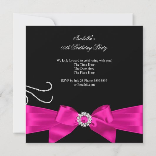 Glitter Hot Pink Diamond Bow Black Birthday Party Kaart (Achterkant)