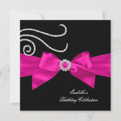 Glitter Hot Pink Diamond Bow Black Birthday Party Kaart (Voorkant)