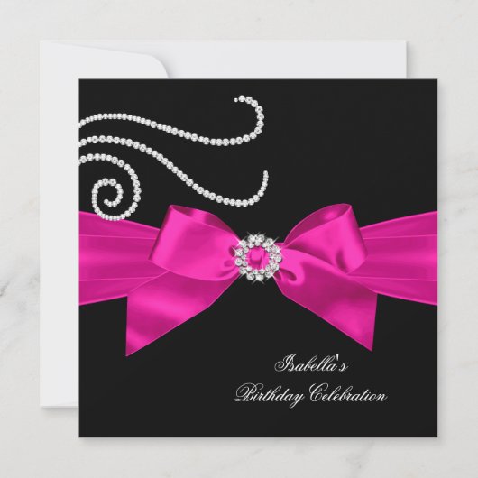 Glitter Hot Pink Diamond Bow Black Birthday Party Kaart (Voorkant)