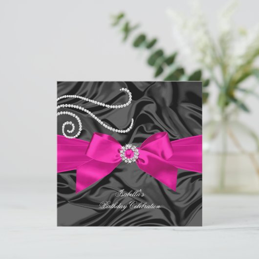 Glitter Hot Pink Diamond Charsteenkool Zwarte Zijz Kaart (Staand voorkant)