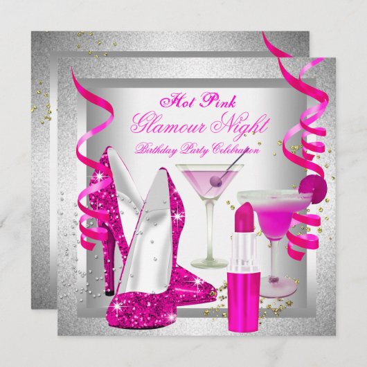 Glitter Hot Pink Glamor Night Martini Party Kaart (Voorkant / Achterkant)