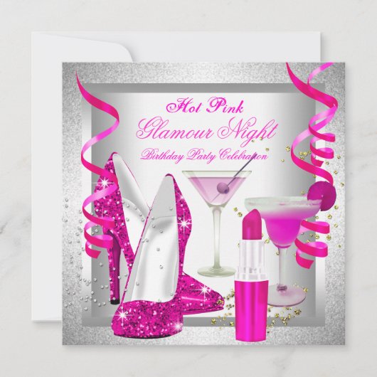 Glitter Hot Pink Glamor Night Martini Party Kaart (Voorkant)