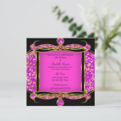 Glitter Hot Pink Gold Black Birthday Party Kaart (Staand voorkant)
