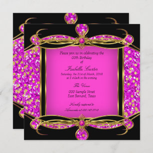 Glitter Hot Pink Gold Black Birthday Party Kaart